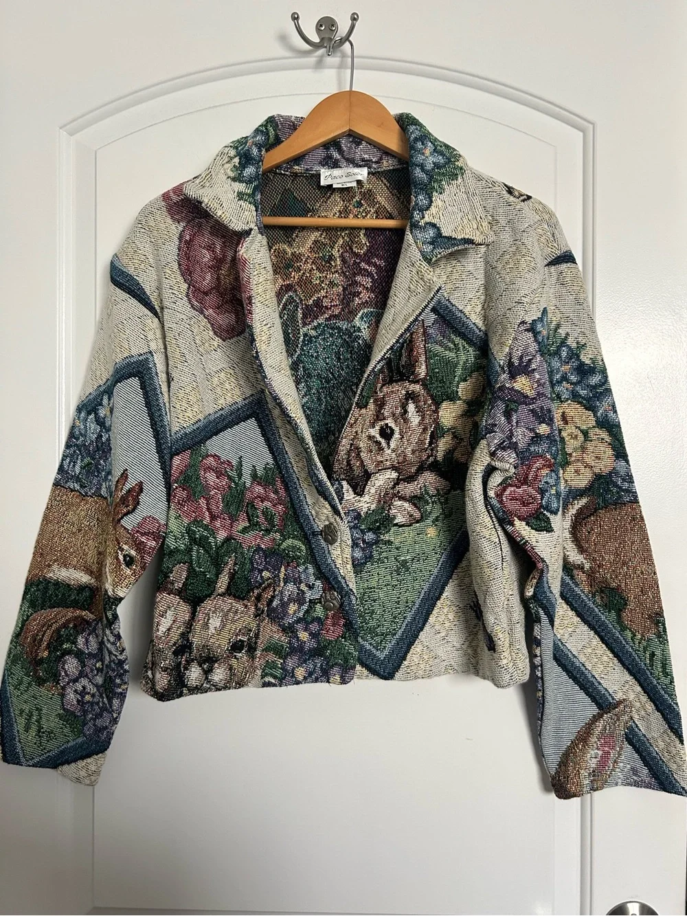 Paco Soler Vintage Bunny Print Jacket size M cottage core prairie art to wear